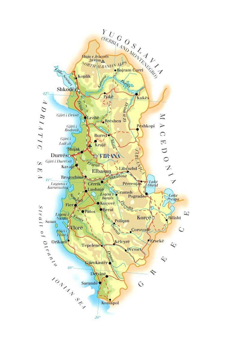 карта на физическа карта на Албания